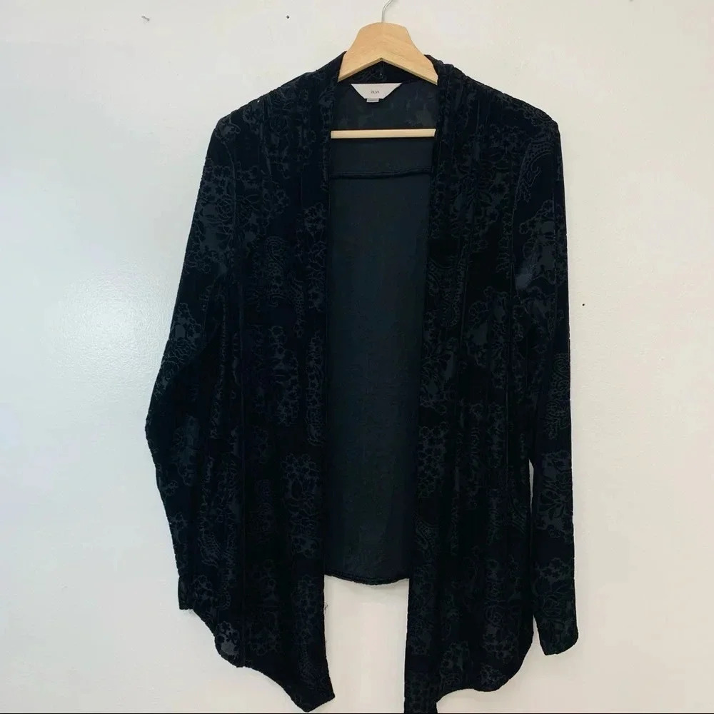 Zoa Black Velvet Burnout Open‎ Cardigan Medium Light Lagenlook  Boho Goth Fairy